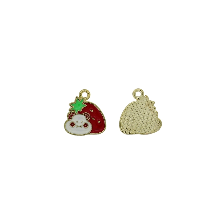 METAL BEADS WITH ENAMEL - PENDANT - STRAWBERRY 05 - 14х16х1.5mm RED-WHITE-GREEN - 4pcs. Hole-1.7mm