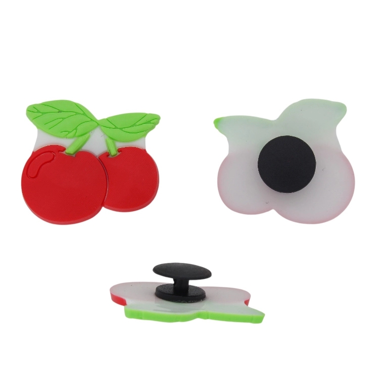 PLASTIC BEADS - RUBBER 3D - BUTTON - CHERRIES 07 - 29x26x3mm RED-GREEN-WHITE - 2pcs.