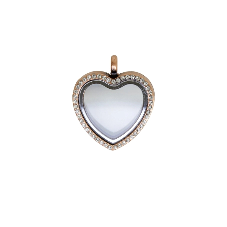 METAL BEADS - MEDALLION WITH MAGNETIC CLOSURE AND CRYSTALS - HEART 02 - 31x36x7mm ROSE GOLD AND WHITE - PACKAGE 5pcs. Hole-4.0mm