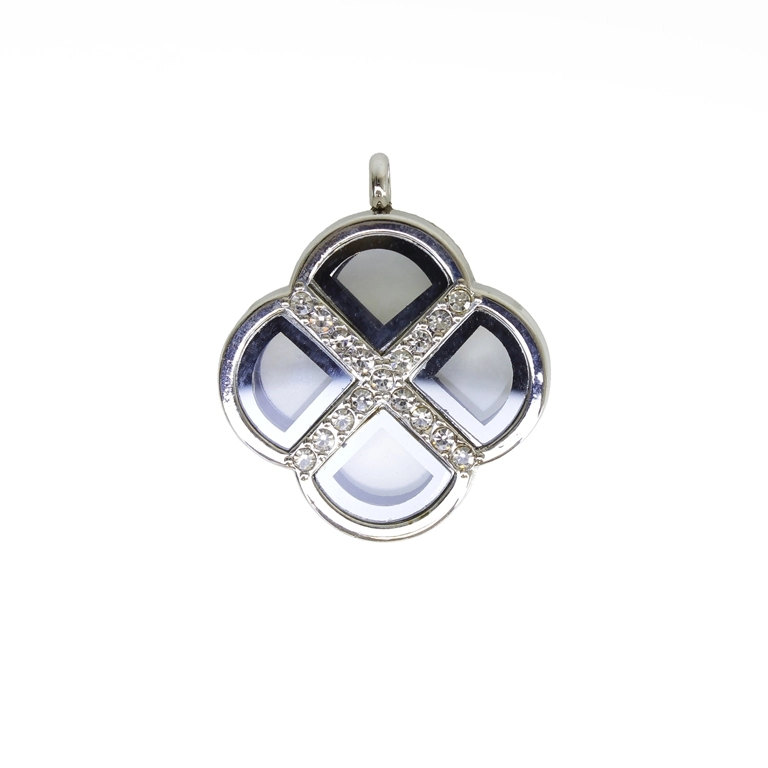 METAL BEADS - MEDALLION WITH MAGNETIC CLOSURE AND CRYSTALS - CLOVER 01 - 36x43x8mm NICKEL AND WHITE - 1pc. Hole-3.2mm