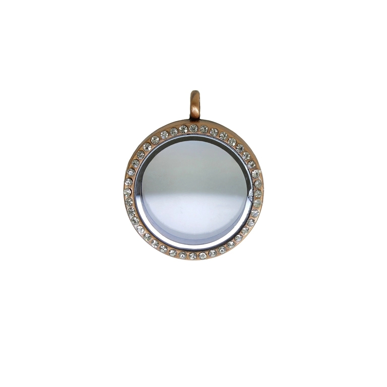 METAL BEADS - MEDALLION WITH MAGNETIC CLOSURE AND CRYSTALS - CIRCLE 01 - 30x36x7mm ANTIQUE BRASS AND WHITE - 1pc. Hole-3.6mm