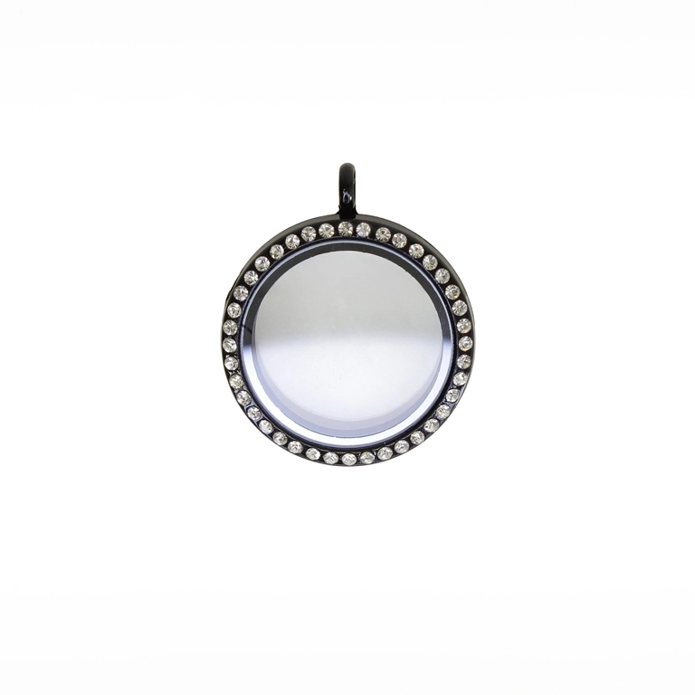 METAL BEADS - MEDALLION WITH MAGNETIC CLOSURE AND CRYSTALS - CIRCLE 01 - 30x36x7mm BLACK AND WHITE - 1pc. Hole-3.6mm