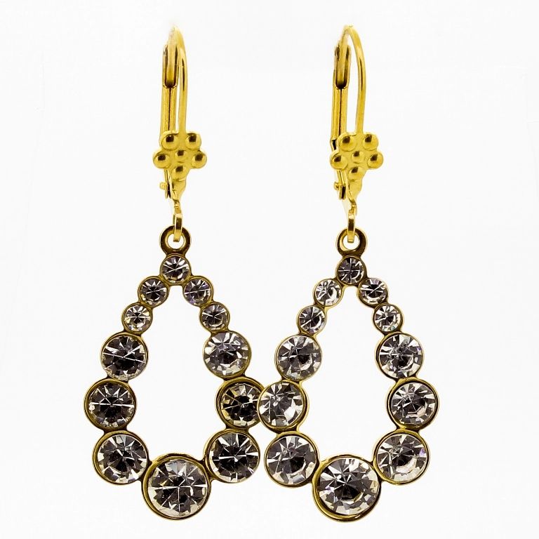 JEWELRY - EARRINGS - FRENCH LEVERBACK - STAINLESS STEEL AND CRYSTALS - DROP Е759 - 1.7х4.6cm GOLD AND WHITE - PACKAGE 6 pairs