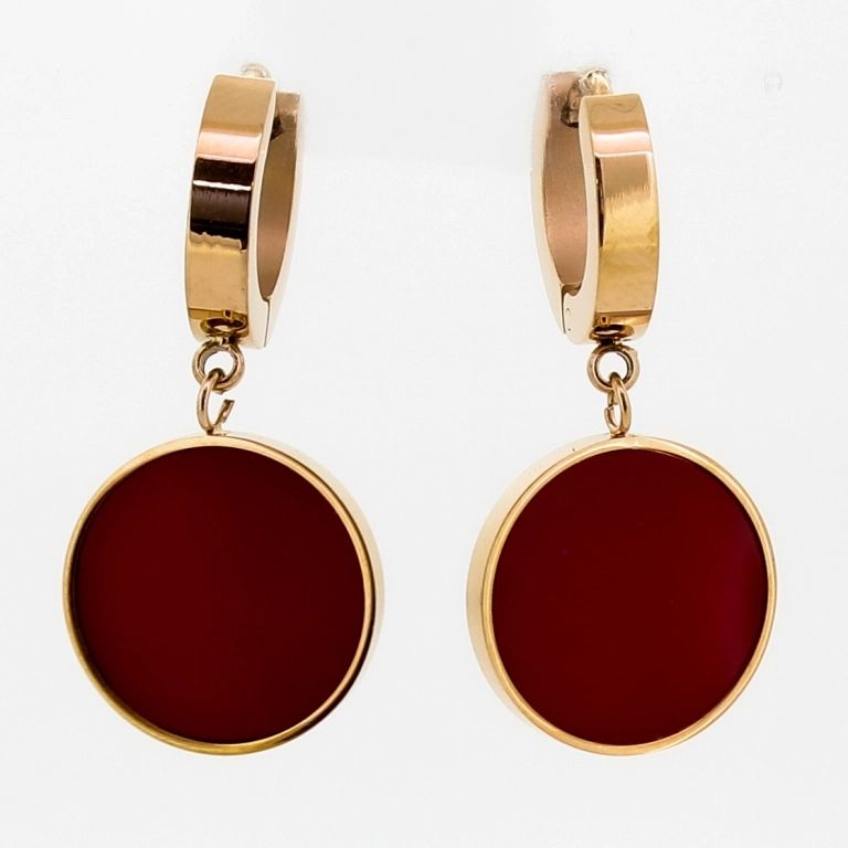 JEWELRY - EARRINGS - FRENCH LEVERBACK HIDDEN - STAINLESS STEEL AND ENAMEL - CIRCLE Е703 - 1.5х3.1cm ROSE GOLD-RED - PACKAGE 6 pairs