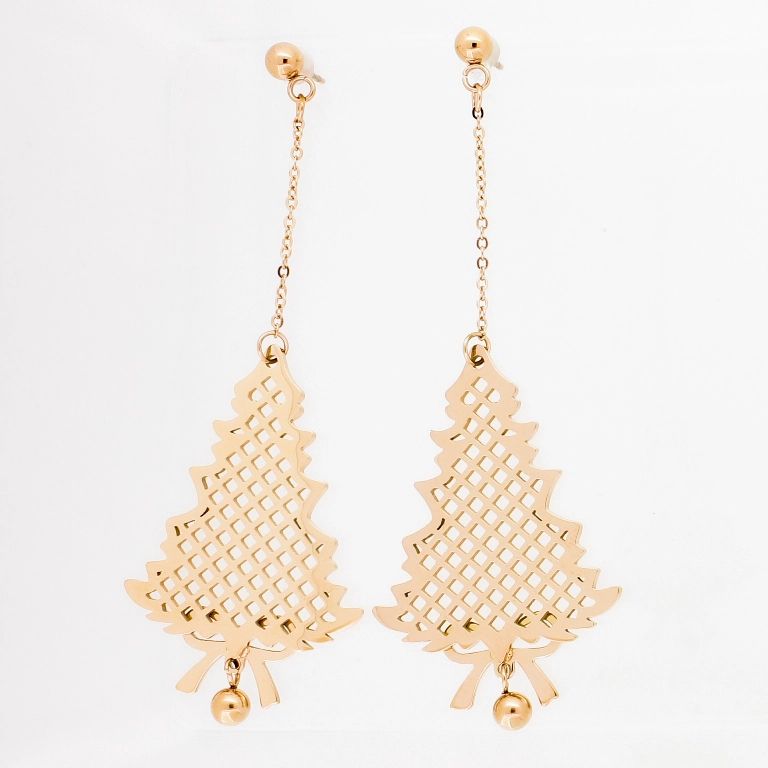 JEWELRY - EARRINGS - SCREW - STAINLESS STEEL - TREE WITH RIBBON Е731 - 2.6х7.2cm ROSE GOLD - 1 pair