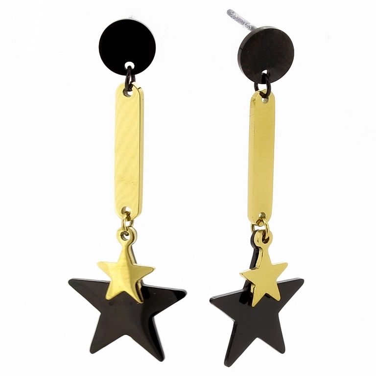 JEWELRY - EARRINGS - SCREW - STAINLESS STEEL - STARS Е667 - 1.5х4.1cm GOLD AND BLACK - 1 pair