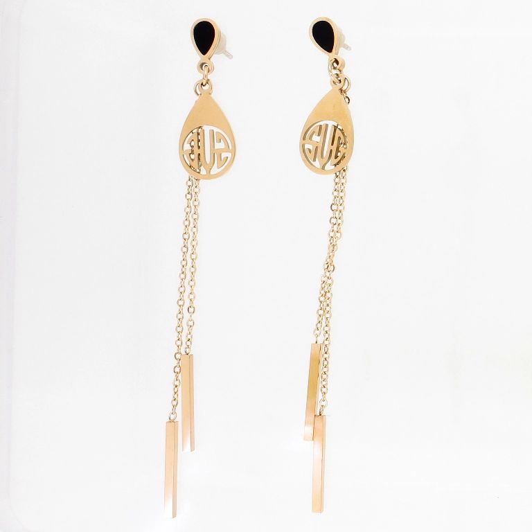 JEWELRY - EARRINGS - SCREW - STAINLESS STEEL - DROP AND WANDS Е814 - 0.9х7.7cm ROSE GOLD AND BLACK - 1 pair