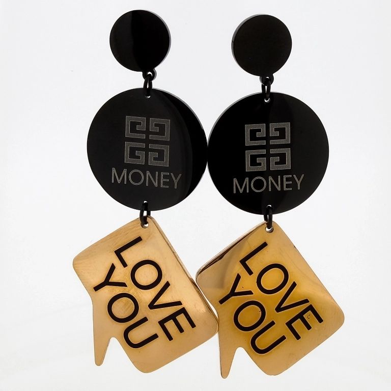 JEWELRY - EARRINGS - SCREW - STAINLESS STEEL - CIRCLE MONEY LOVE YOU Е666 - 2.5х5.5cm ROSE GOLD AND BLACK - 1 pair