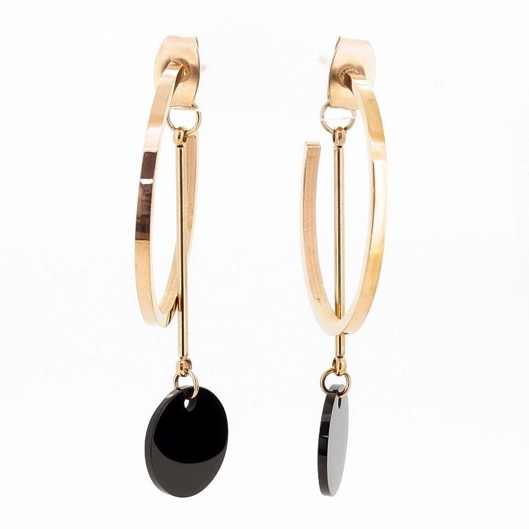 JEWELRY - EARRINGS - SCREW - STAINLESS STEEL - CIRCLE Е677 - 2.4х3.8cm ROSE GOLD AND BLACK - PACKAGE 6 pairs