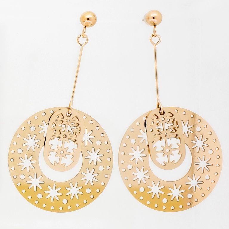 JEWELRY - EARRINGS - SCREW - STAINLESS STEEL - CIRCLE WITH FLOWERS Е800 - 3.2х6.0cm ROSE GOLD - 1 pair