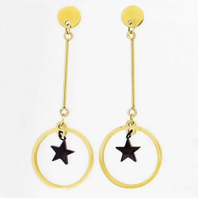 JEWELRY - EARRINGS - SCREW - STAINLESS STEEL - CIRCLE WITH STAR Е810 - 2.0х5.5cm GOLD AND BLACK - 1 pair
