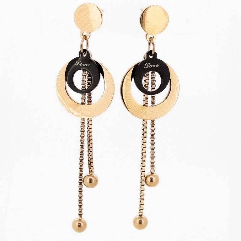 JEWELRY - EARRINGS - SCREW - STAINLESS STEEL - CIRCLES Е679 - 1.5х5.6cm ROSE GOLD AND BLACK - 1 pair