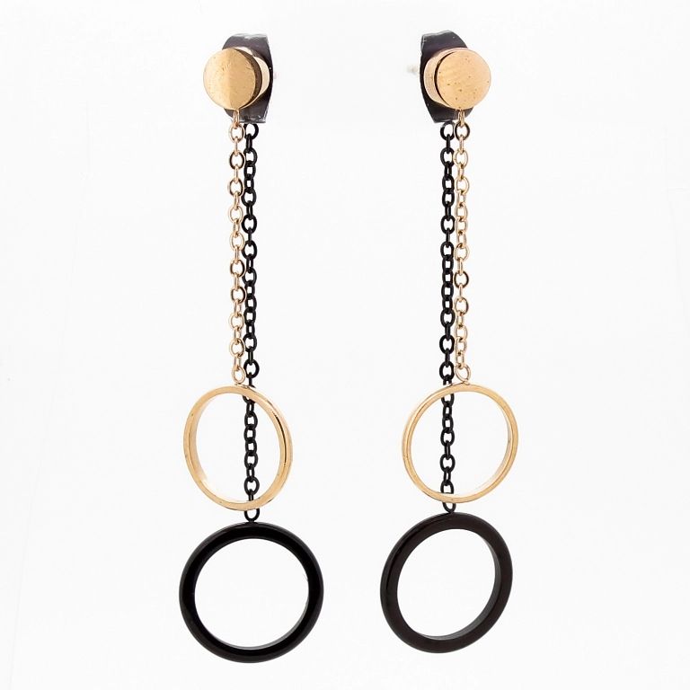 JEWELRY - EARRINGS - SCREW - STAINLESS STEEL - CIRCLES Е811 - 1.1х4.5cm ROSE GOLD AND BLACK - PACKAGE 6 pairs
