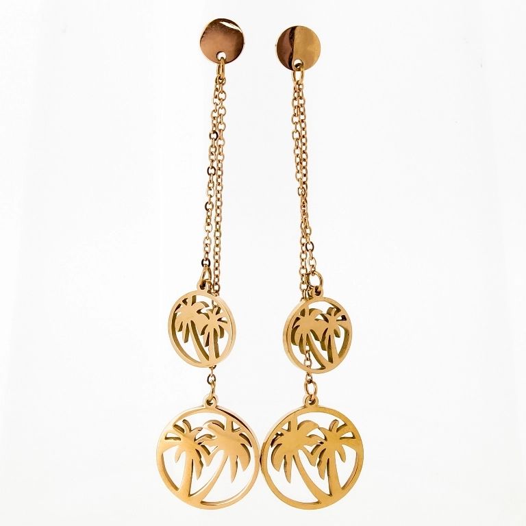 JEWELRY - EARRINGS - SCREW - STAINLESS STEEL - PALM TREE Е653 - 1.7х6.3cm GOLD - 1 pair