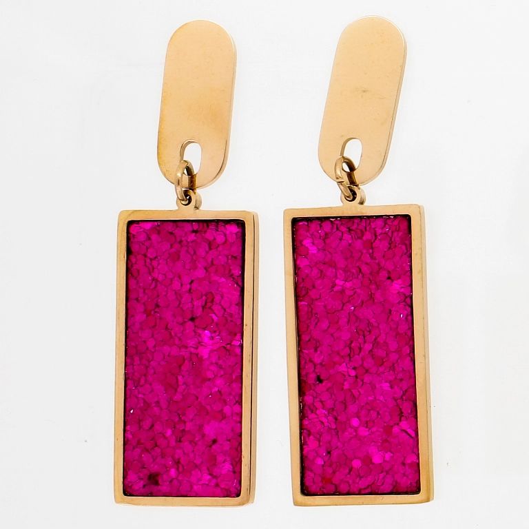 JEWELRY - EARRINGS - SCREW - STAINLESS STEEL - RECTANGULAR Е782 - 1.5х5.3cm ROSE GOLD AND CYCLAMEN - PACKAGE 6 pairs