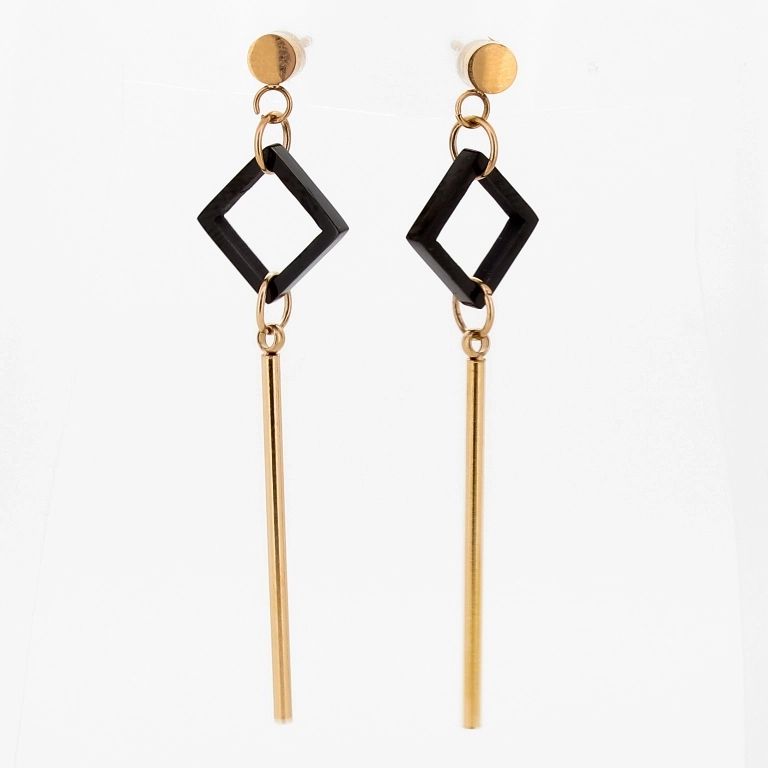 JEWELRY - EARRINGS - SCREW - STAINLESS STEEL - RHOMBUS Е681 - 1.2х5.3cm ROSE GOLD AND BLACK - 1 pair