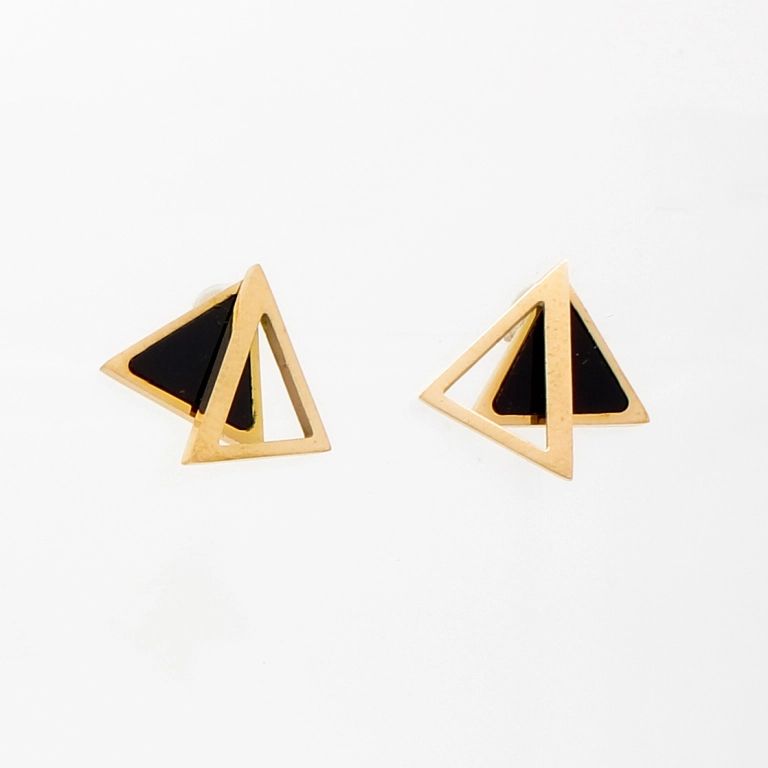 JEWELRY - EARRINGS - SCREW - STAINLESS STEEL - TRIANGLES 03 - 1.4х1.3cm ROSE GOLD AND BLACK - PACKAGE 6 pairs