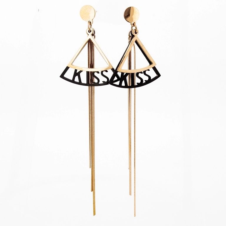 JEWELRY - EARRINGS - SCREW - STAINLESS STEEL - TRIANGLES KISS Е671 - 2.4х8.1cm ROSE GOLD AND BLACK - PACKAGE 6 pairs