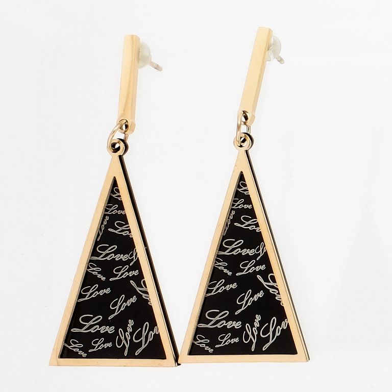 JEWELRY - EARRINGS - SCREW - STAINLESS STEEL - TRIANGLES LOVE Е819 - 1.8х4.9cm ROSE GOLD-BLACK-WHITE - 1 pair