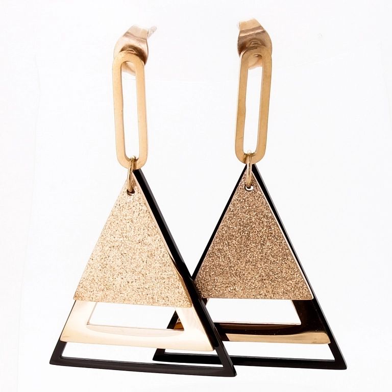 JEWELRY - EARRINGS - SCREW - STAINLESS STEEL - TRIANGLES Е664 - 2.5х4.3cm ROSE GOLD AND BLACK - PACKAGE 6 pairs