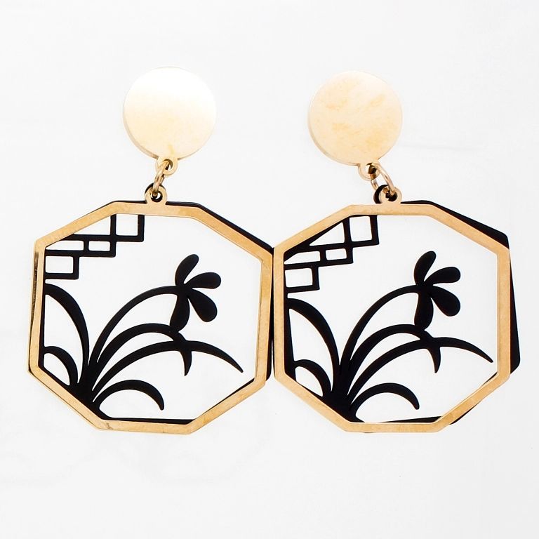 JEWELRY - EARRINGS - SCREW - STAINLESS STEEL - FLOWER Е735 - 2.5х3.9cm ROSE GOLD AND BLACK - 1 pair