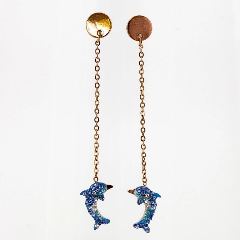 JEWELRY - EARRINGS - SCREW - STAINLESS STEEL AND CRYSTALS - DOLPHIN Е685 - 0.8х5.3cm ROSE GOLD AND BLUE (LIGHT) - 1 pair
