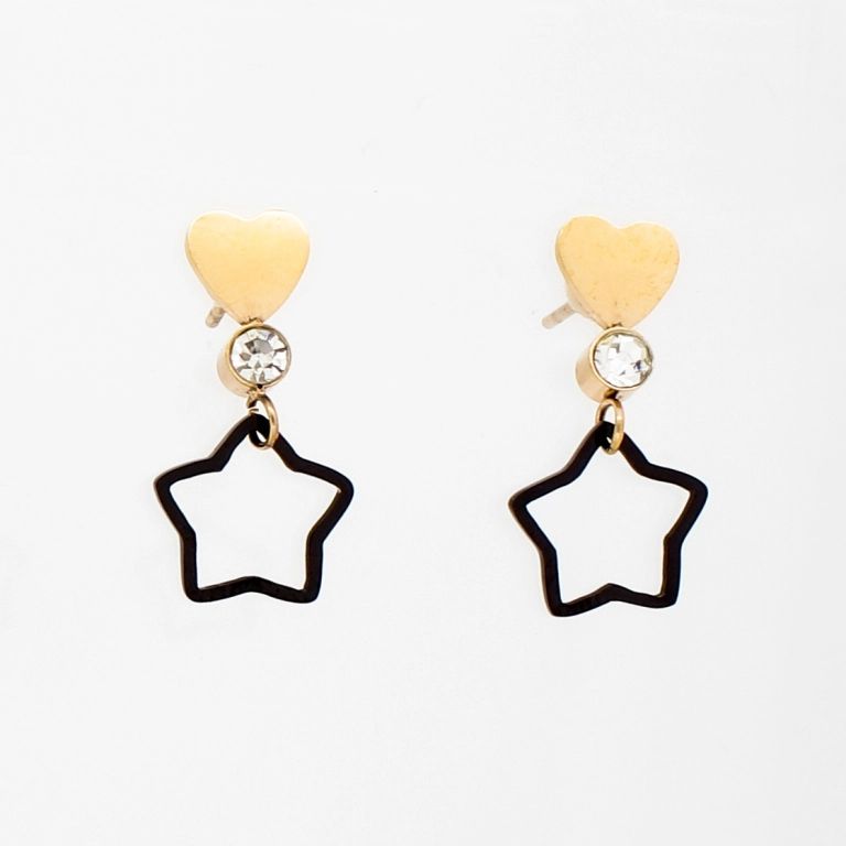 JEWELRY - EARRINGS - SCREW - STAINLESS STEEL AND CRYSTALS - STAR AND HEART Е753 - 1.0х2.2cm ROSE GOLD-BLACK-WHITE - PACKAGE 6 pairs