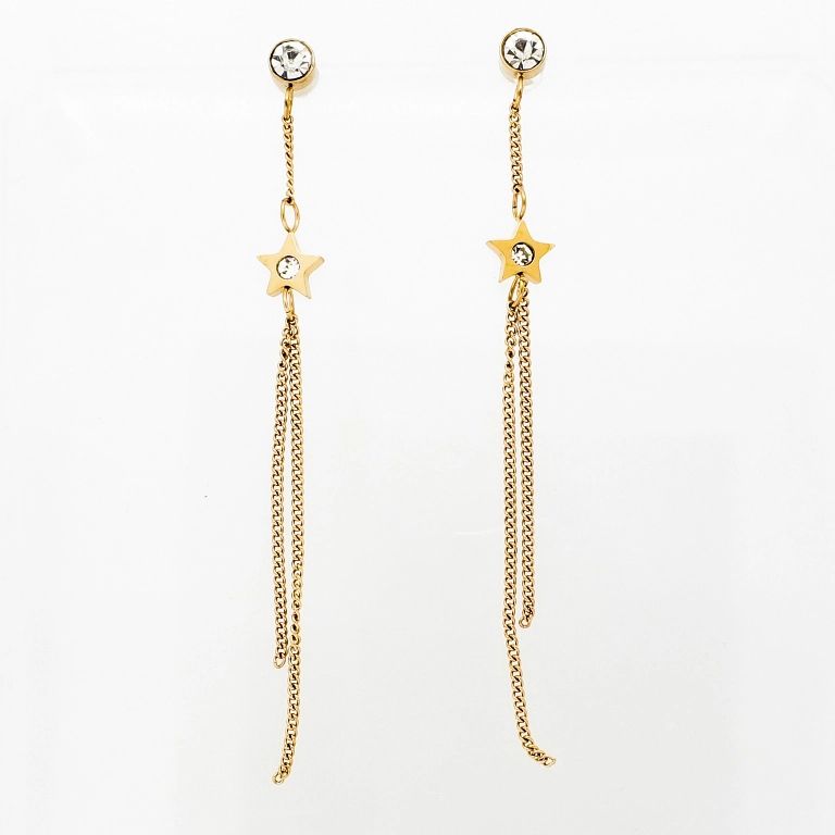 JEWELRY - EARRINGS - SCREW - STAINLESS STEEL AND CRYSTALS - STARS Е821 - 0.6х6.4cm ROSE GOLD AND WHITE - PACKAGE 6 pairs