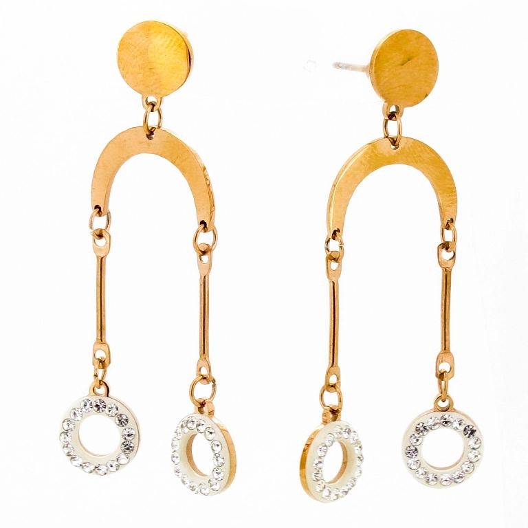JEWELRY - EARRINGS - SCREW - STAINLESS STEEL AND CRYSTALS - CIRCLES Е684 - 1.5х4.9cm ROSE GOLD AND WHITE - 1 pair