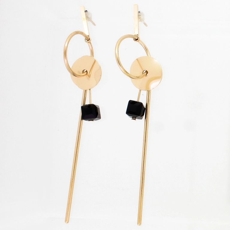 JEWELRY - EARRINGS - SCREW - STAINLESS STEEL AND CRYSTALS - CIRCLES WITH WAND Е760 - 1.2х8.2cm ROSE GOLD AND BLACK - PACKAGE 6 pairs