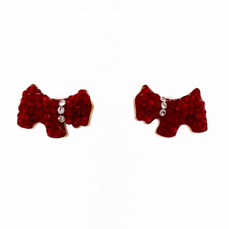 JEWELRY - EARRINGS - SCREW - STAINLESS STEEL AND CRYSTALS - TERRIER DOG Е687 - 1.2х0.7cm ROSE GOLD AND RED - PACKAGE 6 pairs