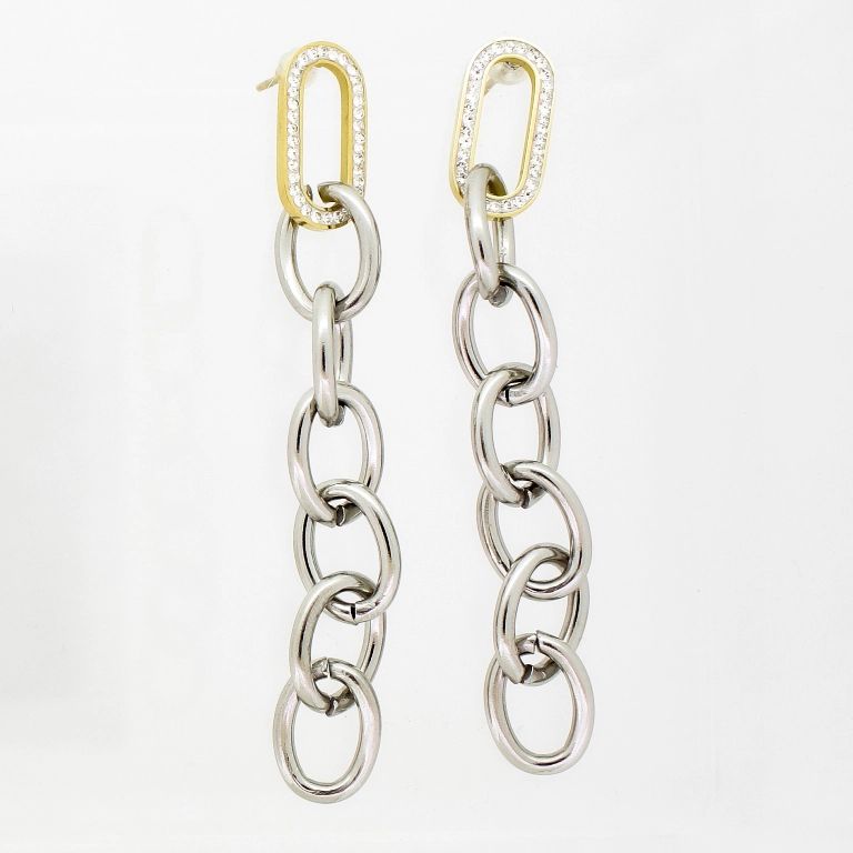 JEWELRY - EARRINGS - SCREW - STAINLESS STEEL AND CRYSTALS - CHAIN Е756 - 0.9х7.3cm GOLD-NICKEL-WHITE - PACKAGE 6 pairs