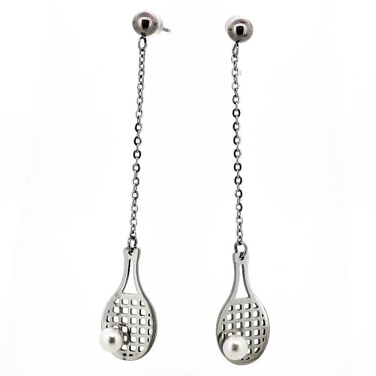 JEWELRY - EARRINGS - SCREW - STAINLESS STEEL AND PEARLS - TENNIS RACKET Е719 - 1.1х6.7cm NICKEL AND WHITE - PACKAGE 6 pairs