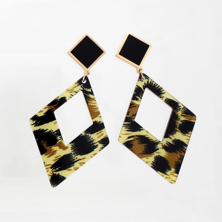 JEWELRY - EARRINGS - SCREW - STAINLESS STEEL AND PLASTIC - RHOMBS Е779 - 3.5х6.7cm ROSE GOLD-BLACK-BROWN - PACKAGE 6 pairs
