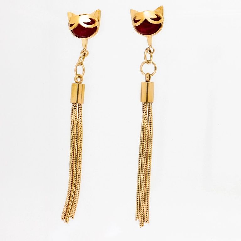 JEWELRY - EARRINGS - SCREW - STAINLESS STEEL AND RESIN - CAT WITH GLASSES Е763 - 1.0х6.5cm ROSE GOLD AND RED - 1 pair