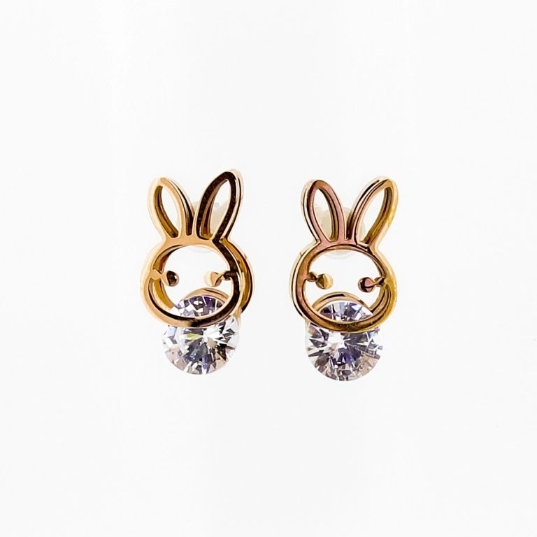 JEWELRY - EARRINGS - SCREW - STAINLESS STEEL AND ZIRCON - RABBIT Е692 - 0.7х1.5cm ROSE GOLD AND WHITE - 1 pair