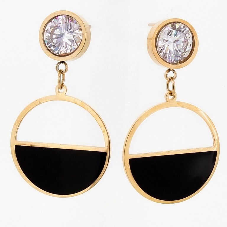 JEWELRY - EARRINGS - SCREW - STAINLESS STEEL AND ZIRCON - CIRCLE Е689 - 2.0х3.5cm ROSE GOLD AND BLACK - 1 pair