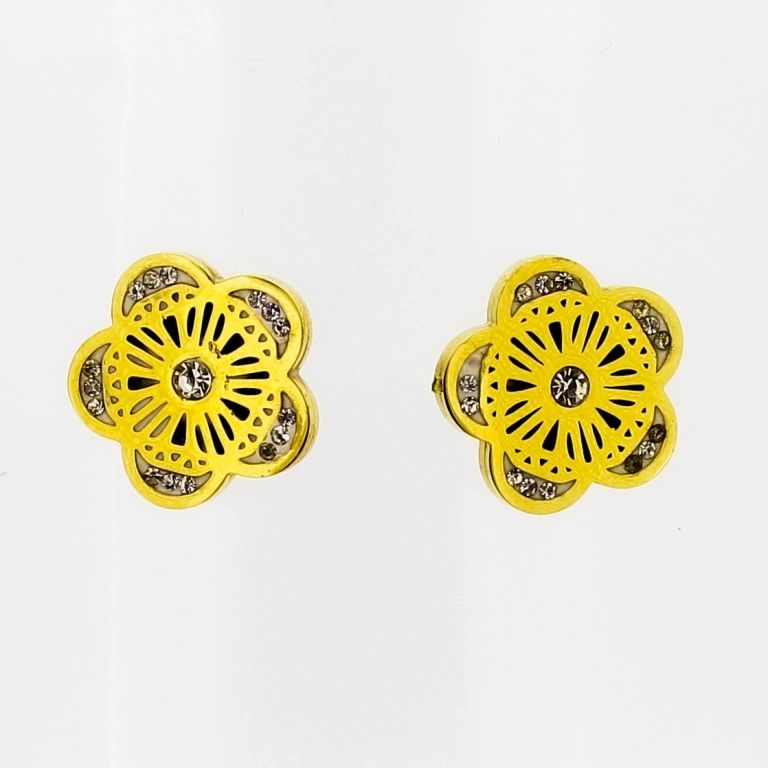 JEWELRY - EARRINGS - SCREW - STAINLESS STEEL AND ZIRCON - FLOWER Е695 - 1.3х1.2cm GOLD AND WHITE - PACKAGE 6 pairs