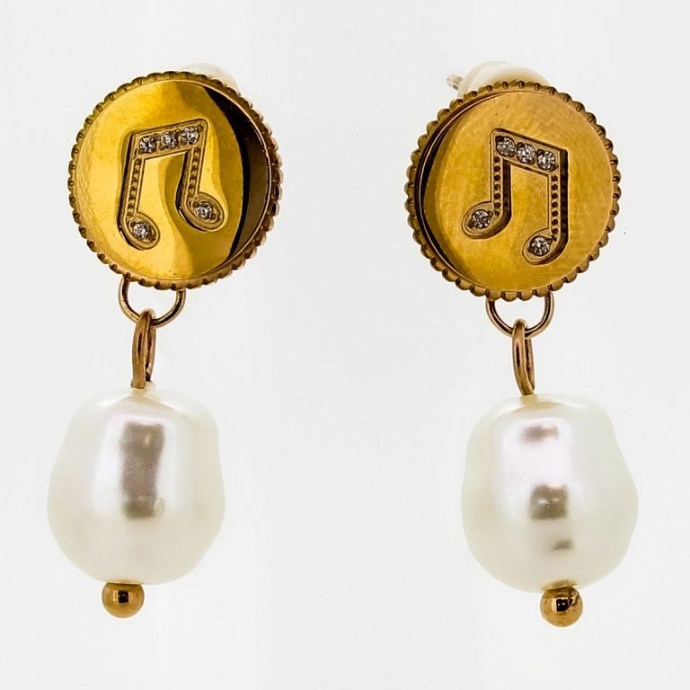 JEWELRY - EARRINGS - SCREW - STAINLESS STEEL WITH CRYSTALS AND PEARLS - CIRCLE WITH NOTE Е697 - 1.0х3.0cm ROSE GOLD AND WHITE - 1 pair