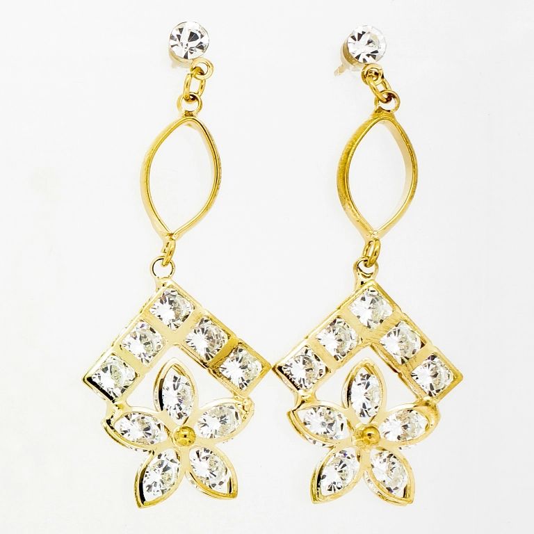 JEWELRY - EARRINGS - SCREW - ZIRCON - ELLIPSE AND FLOWER Е847 - 2.1х5.4cm GOLD AND WHITE - PACKAGE 6 pairs