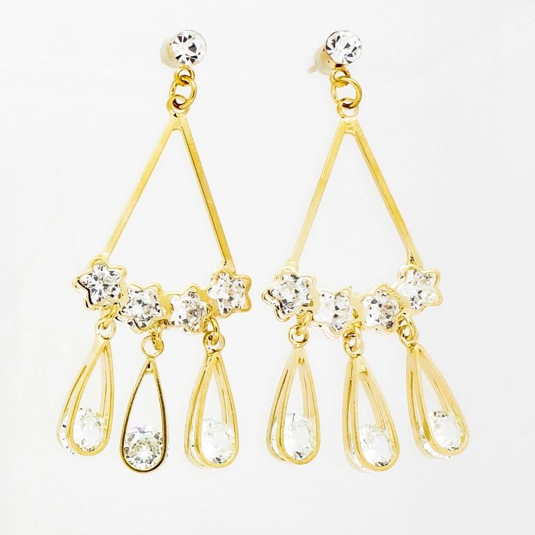 JEWELRY - EARRINGS - SCREW - ZIRCON - STARS AND DROPS Е848 - 2.2х5.5cm GOLD AND WHITE - 1 pair