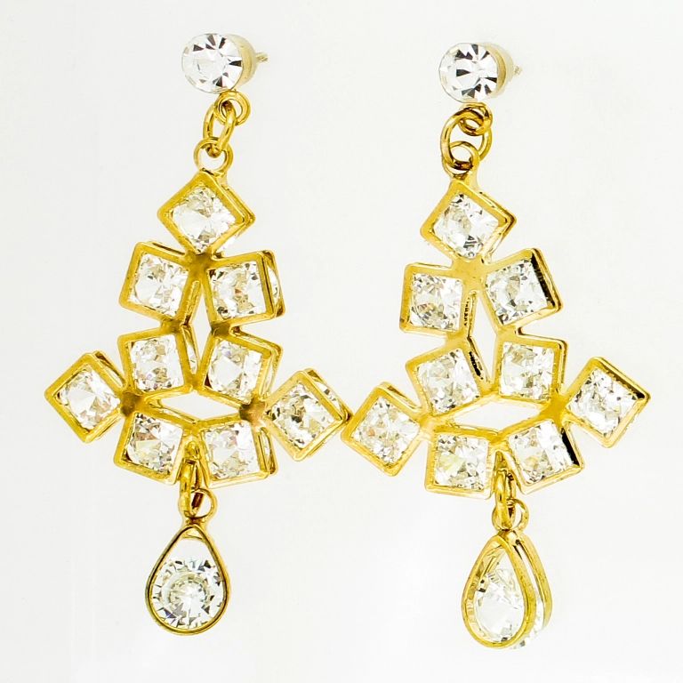 JEWELRY - EARRINGS - SCREW - ZIRCON - SQUARES Е835 - 2.2х4.6cm GOLD AND WHITE - 1 pair