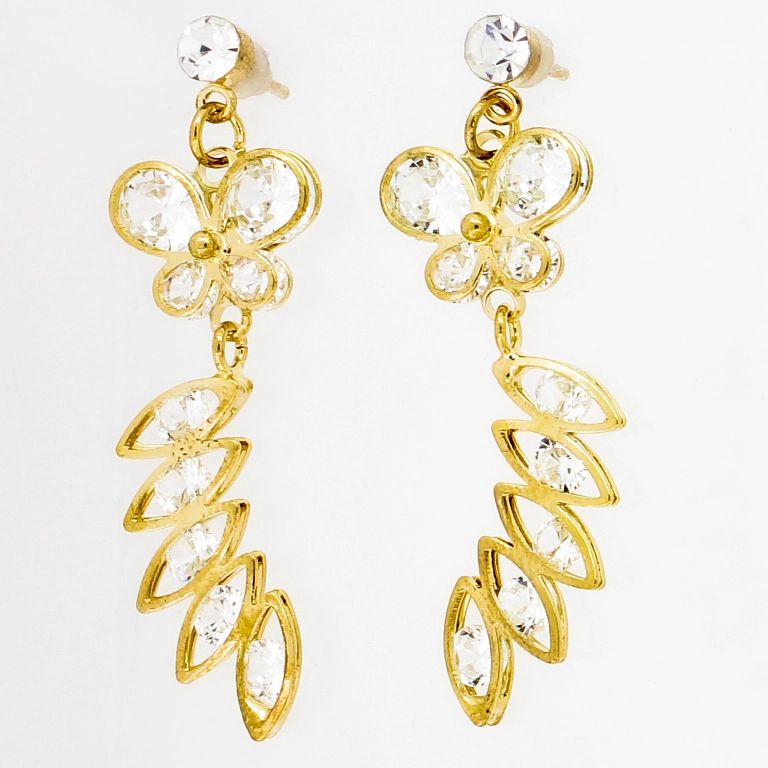 JEWELRY - EARRINGS - SCREW - ZIRCON - BUTTERFLY AND ELLIPSE Е854 - 1.6х4.5cm GOLD AND WHITE - 1 pair