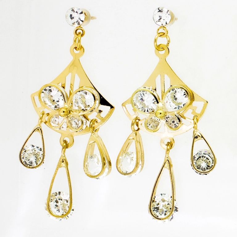 JEWELRY - EARRINGS - SCREW - ZIRCON - BUTTERFLY AND DROP Е834 - 2.0х5.0cm GOLD AND WHITE - 1 pair