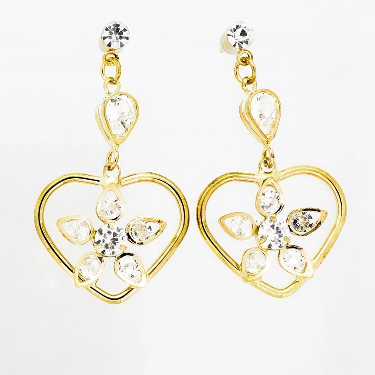 JEWELRY - EARRINGS - SCREW - ZIRCON - HEART WITH FLOWER Е840 - 2.4х4.3cm GOLD AND WHITE - 1 pair