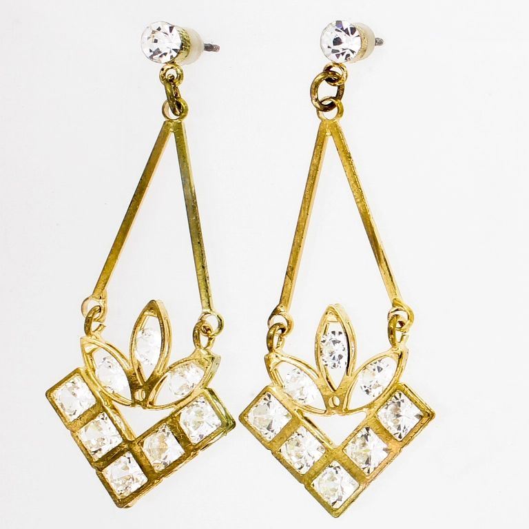 JEWELRY - EARRINGS - SCREW - ZIRCON - FLOWER Е850 - 2.0х5.0cm GOLD AND WHITE - PACKAGE 6 pairs