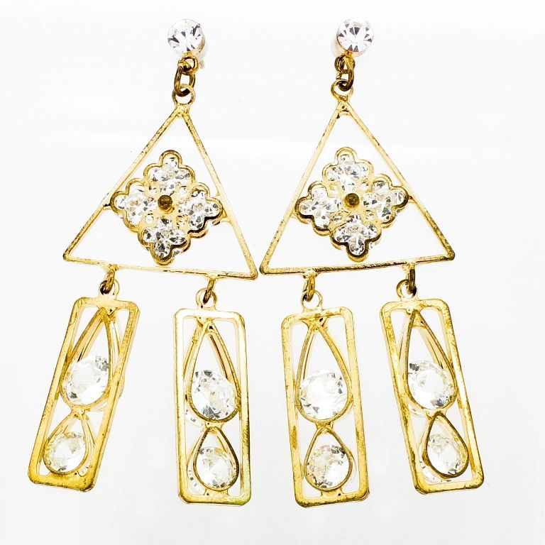 JEWELRY - EARRINGS - SCREW - ZIRCON - FLOWER Е851 - 2.4х6.0cm GOLD AND WHITE - 1 pair