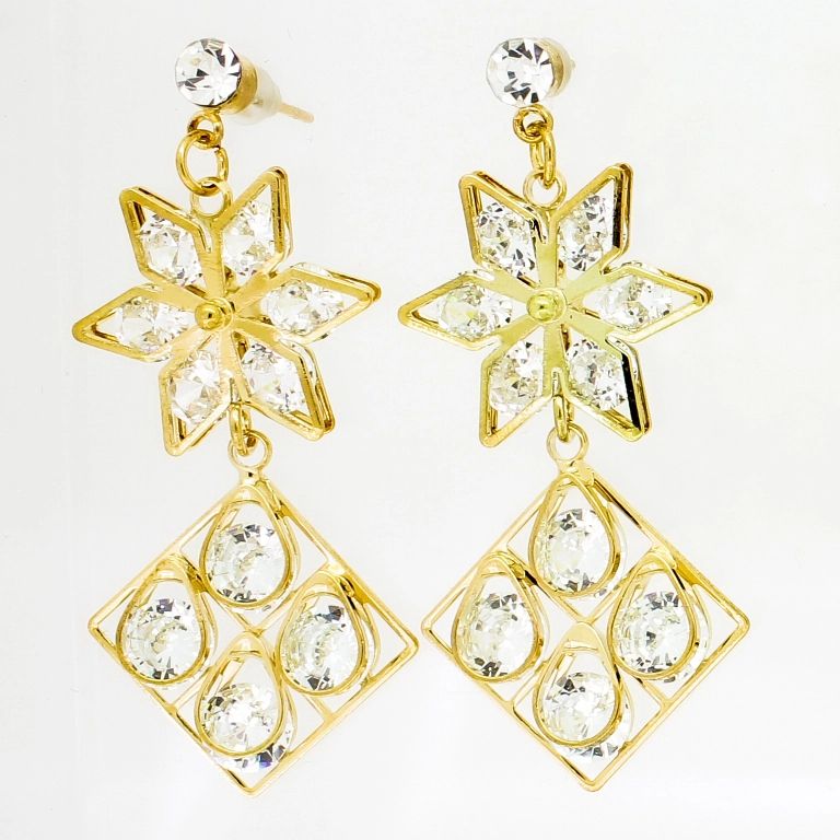 JEWELRY - EARRINGS - SCREW - ZIRCON - FLOWER AND SQUARE Е836 - 2.1х5.0cm GOLD AND WHITE - PACKAGE 6 pairs