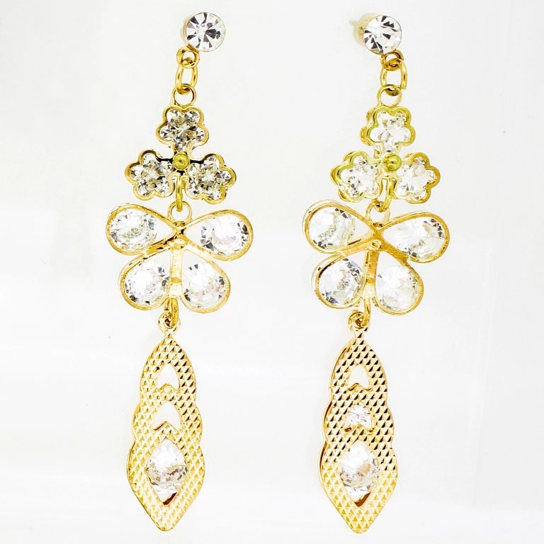JEWELRY - EARRINGS - SCREW - ZIRCON - FLOWERS AND DROPS Е843 - 1.7х6.0cm GOLD AND WHITE - PACKAGE 6 pairs