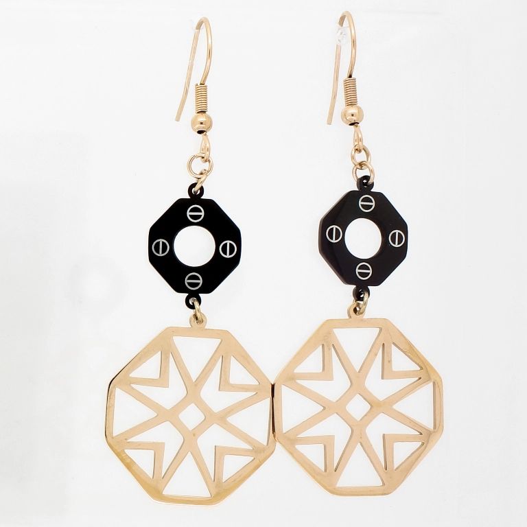 JEWELRY - EARRINGS - HOOK - STAINLESS STEEL - FLOWER Е746 - 2.3х6.6cm ROSE GOLD-BLACK-WHITE - 1 pair
